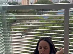 playing on balcony neighbor spies wet pussy 💦😏