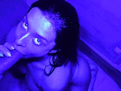 Brazilian brunette bodybuilder babe deepthroats big cock creampie in blue room