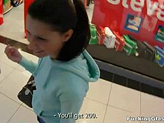 Mazy Glasses Teen Fucked Doggystyle to Orgasm in Public Restroom Blowjob