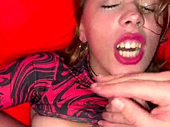 innocent face hides bimbo slut's sloppy deepthroat gagging choke on teasing cock