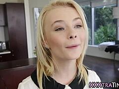 Tiny Blonde Teen Takes Massive Cumshot After Hardcore Blowjob.