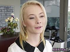 Tiny Blonde Teen Takes Massive Cumshot After Hardcore Blowjob.