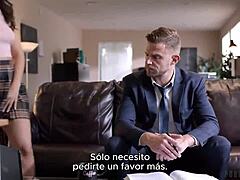 Obedient spanish milf slurps boss cock before creampie pounding