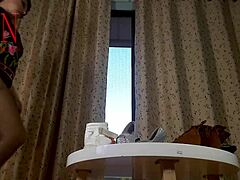 Curvy pantyhose lady heels striptease teases big pussy at table