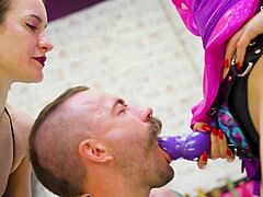 2 dominas make slave lick boots, spank, strapon facefuck first time!