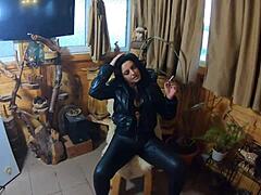 milfycalla covers black down jacket leather leggings in thick cum preview