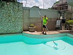 Brunette milf chokes on double cocks poolside suruba cum