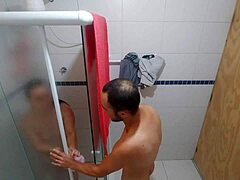 Brunette Stepdaughter Takes Hubby's Monster Cock Choke Deep in Bathroom