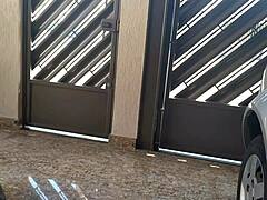 hot brazilian milf housewife in tight jeans shorts flashes shaved pussy teasing neighbors street