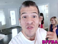 Sweet 18+ teen takes facial after big dick foursome pounding