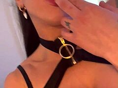 tattooed brunette shakes fake tits in leather, orgasms hard on vibrating dildo dance