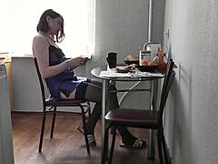 early morning cutie in lingerie teases ass legs in kitchen