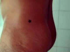 Big dick guy carefully shaves his thick monster cock in bathroom