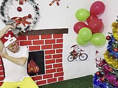 apartment owner back from party sees my muscles gets horny drags me into christmas sex game i couldnt refuse her