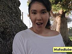 sexy asian teen tomie tang flashes her big natural tits outdoors to charles dera