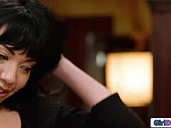 Petite brunette sneaks licks on big tit latina milf boss pussy