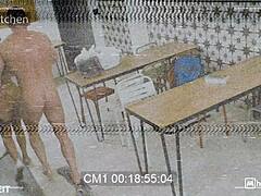 Squirting brunette fucks roommate risks janitor spotting her!