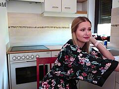 Blonde Babe's Boredom Turns to Window Masturbation Toy Play with Big Tits Exposed