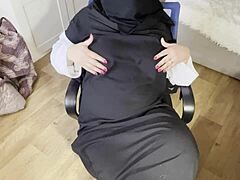 a hijab-wearing turkish beauty fingers herself through pantyhose